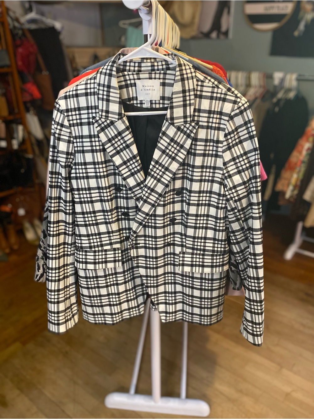 Maison d'Amelie Black & White Plaid Double-Breasted Blazer